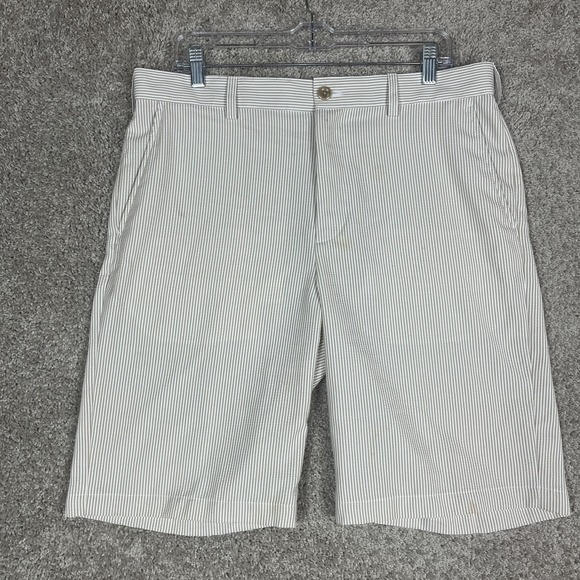 Izod Golf Shorts Mens 34 Tan White Striped Classic Fit Polyester Casual Summer